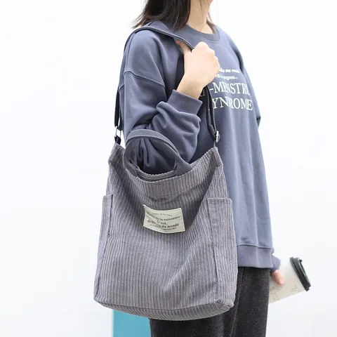 Vintage Corduroy Tote Bag For Women Retro Forest Style Large Capacity Shoulder Bag Simple Letter Patch Messenger Bag For Students Casual Daily Handbag