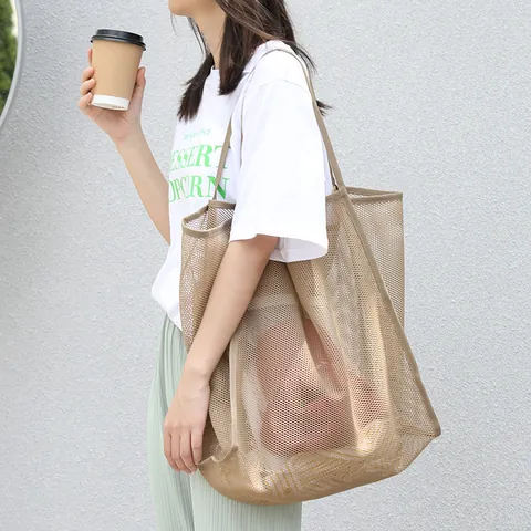 Bolso de Hombro de Malla para Mujer Bolso Tote de Cuadrícula de Gran Capacidad Bolso de Axila Bolso de Compras Literario Casual Bolso de Playa de Verano