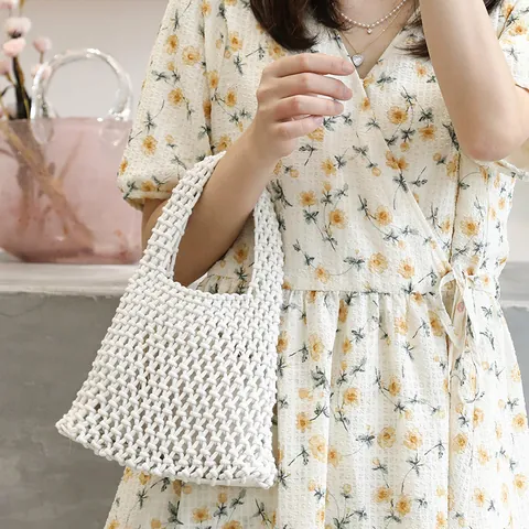 Japanese Style Handwoven Cotton Handbag Hollow Mesh Bucket Bag With Drawstring Inner Pouch Artistic Woven Purse For Women Casual