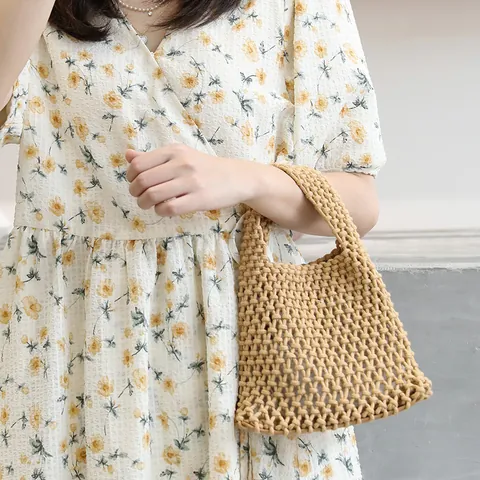 Japanese Style Handwoven Cotton Handbag Hollow Mesh Bucket Bag With Drawstring Inner Pouch Artistic Woven Purse For Women Casual