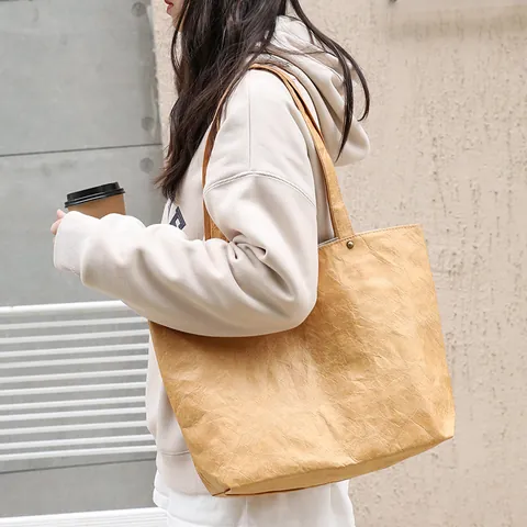 Vintage Τσαλακωμένη Τσάντα Tote από Χαρτί Κραφτ για Γυναίκες Κορεάτικο Στυλ Μεγάλη Χωρητικότητα Ρετρό Τσάντα Ώμου από Χαρτί DuPont Casual