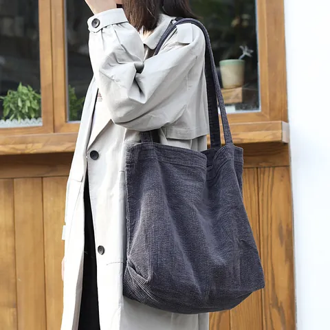 Women's Large Capacity Corduroy Shoulder Bag Korean Vintage Tote Bag Casual Solid Color Shopping Bag Soft Corduroy Handbag