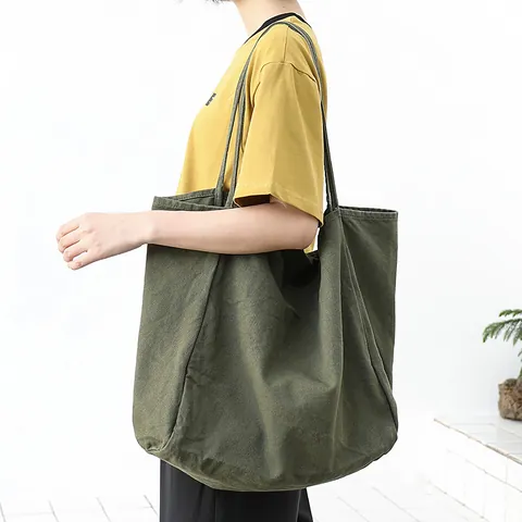 Vintage Gewassen Canvas Tote Bag Voor Vrouwen Grote Capaciteit Retro Mori Stijl Effen Kleur Schoudertas Casual Literaire Handtas