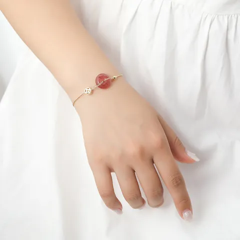 Βραχιόλι Strawberry Quartz Ping An Kou Lucky Coin για Γυναίκες Ρυθμιζόμενη Επίχρυση Αλυσίδα Ethnic Ρετρό Κοσμήματα Δώρο Αξεσουάρ
