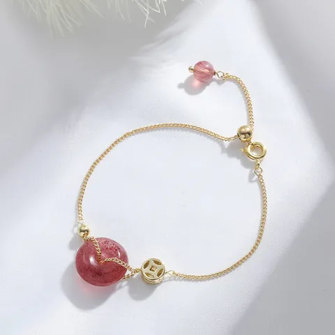 Βραχιόλι Strawberry Quartz Ping An Kou Lucky Coin για Γυναίκες Ρυθμιζόμενη Επίχρυση Αλυσίδα Ethnic Ρετρό Κοσμήματα Δώρο Αξεσουάρ