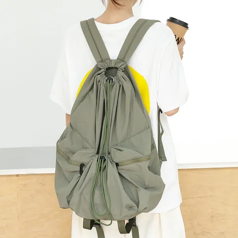 Japanese Casual Pleated Nylon Backpack For Women Men Fashion Drawstring Schoolbag Large Capacity Travel Daypack Lightweight Rucksack