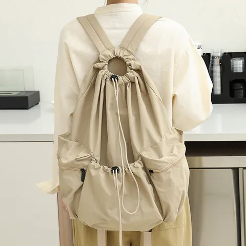 Korean Style Casual Nylon Backpack For Women Large Capacity Ruched Drawstring School Bag Ins Fashion Pleated Travel Daypack