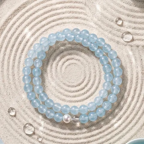 Bracelet en Perles de Calcédoine Bleue pour Femme Style Estival Frais et Doux Bague en Agate Blanche Perle Artificielle Bijoux de Main Multicouches Cadeau