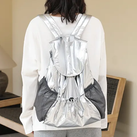 Mochila de Nailon Plisada Con Cordón para Mujer Estilo Coreano Moda Ins Plateado Metálico Negro Gran Capacidad Casual