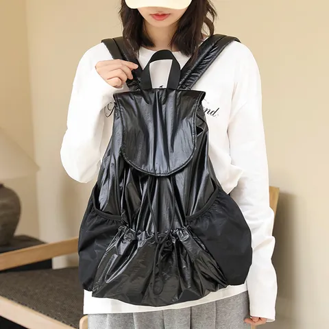 Mochila de Nailon Plisada Con Cordón para Mujer Estilo Coreano Moda Ins Plateado Metálico Negro Gran Capacidad Casual