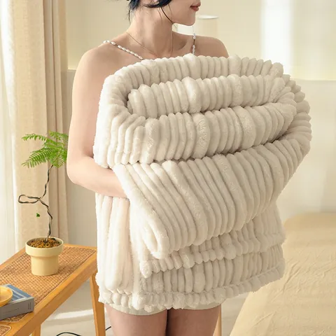 Soft Flannel Milk Velvet Blanket For Sofa Bed Office Nap 3D Stripe Polyester Warm Cozy Thickened Throw Blanket Home Bedding Decor