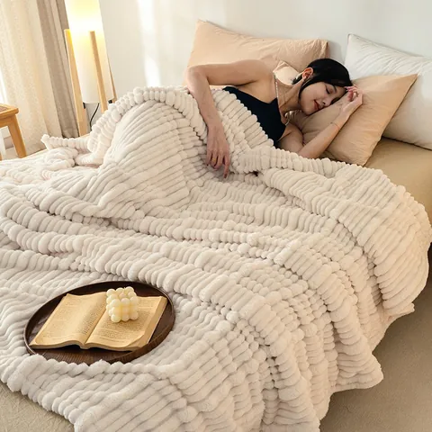 Soft Flannel Milk Velvet Blanket For Sofa Bed Office Nap 3D Stripe Polyester Warm Cozy Thickened Throw Blanket Home Bedding Decor