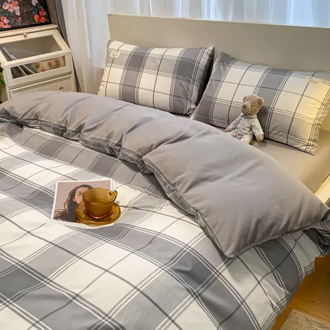 Japanisches Minimalistisches Bettwäsche-Set Kariert Gewaschene Baumwolle Hautfreundliches Bettlaken Bettbezug Und Kissenbezüge Für Studenten Zuhause Schlafzimmer