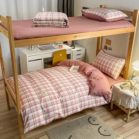 Japanese Style Washed Cotton Bedding Set Duvet Cover Bed Sheet And Pillowcase For Dormitory Student Soft Plaid Pattern Home Textile
