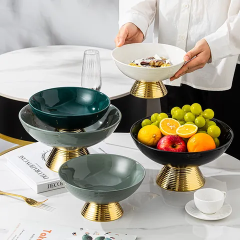 European Light Luxury Ribbed Porcelain Pedestal Fruit Bowl Modern Ceramic Dessert Stand Gold Plated Base Living Room Table Decor Snack Plate