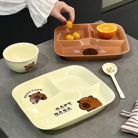 Niedlicher Wasserschwein Cartoon Keramik Geteilter Teller Portionskontrolle Mikrowellengeeignet Kinder Erwachsene Geschirr