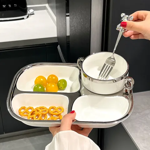 Assiette Divisée en Céramique Moderne Ensemble Couleur Unie Contrôle des Portions Plateau de Petit Déjeuner Bordure Argentée Vaisselle Saine pour la Maison
