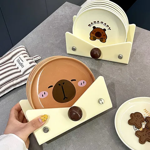 Ensemble d'Assiettes à Snack en Céramique Lapin Capybara Avec Support de Rangement Assiette à Dessert Mignonne Style Crème Vaisselle de Cuisine