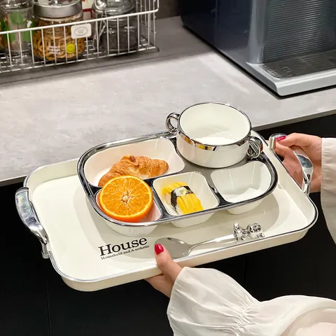 Assiette Divisée en Céramique Moderne Ensemble Couleur Unie Contrôle des Portions Plateau de Petit Déjeuner Bordure Argentée Vaisselle Saine pour la Maison