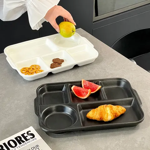 Modern Matte Ceramic Divided Compartment Plate Portion Control Meal Tray Healthy Breakfast Dinnerware Serving Dish