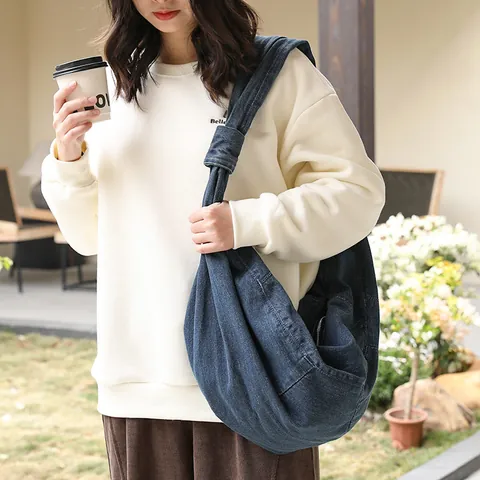 Japanese Casual Denim Dumpling Crossbody Bag For Women Large Capacity Knot Shoulder Bag Fashion Solid Color Hobo Bag