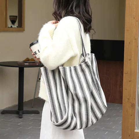 Large Capacity Canvas Tote Bag Striped Japanese Style Shoulder Handbag For Women Casual Daily Travel Shopping Sturdy Cotton Fabric Bag