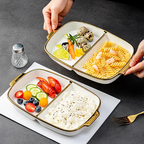 Moderner Minimalistischer Geteilter Keramikteller Mit Goldrand Rechteckiger Porzellan Portionsteller Für Erwachsene Diät Obstteller