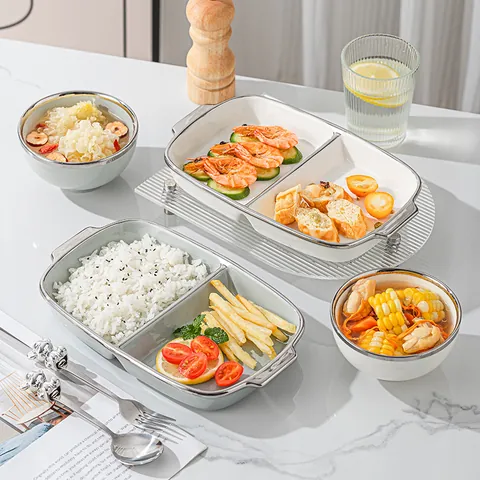 Keramik Geteilter Essteller Rechteckig Zwei Fächer Silberrand Portionskontrolle Gesunde Ernährung Mahlzeitenteller Mit Griffen