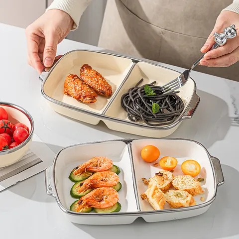Keramik Geteilter Essteller Rechteckig Zwei Fächer Silberrand Portionskontrolle Gesunde Ernährung Mahlzeitenteller Mit Griffen