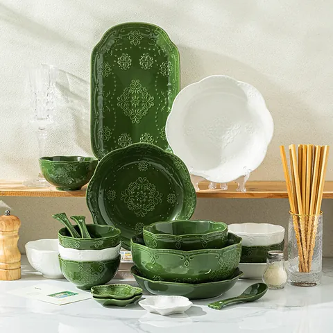 Service de Table en Céramique Relief de Luxe Français Bols et Assiettes en Porcelaine Rétro Vert Forêt pour la Maison Cadeau de Mariage