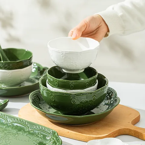 Service de Table en Céramique Relief de Luxe Français Bols et Assiettes en Porcelaine Rétro Vert Forêt pour la Maison Cadeau de Mariage