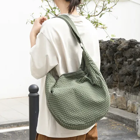 Japanese Literary Plaid Washed Canvas Dumpling Bag Large Capacity Crossbody Shoulder Bag For Women Casual Daily Hobo Bag