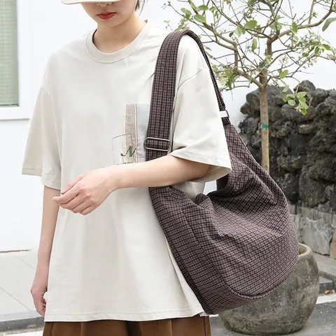 Japanese Literary Plaid Washed Canvas Dumpling Bag Large Capacity Crossbody Shoulder Bag For Women Casual Daily Hobo Bag