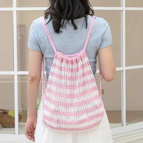 Japanese Style Women Knitted Backpack Casual Striped Hollow Out Drawstring Shoulder Bag Cotton Thread School Bag