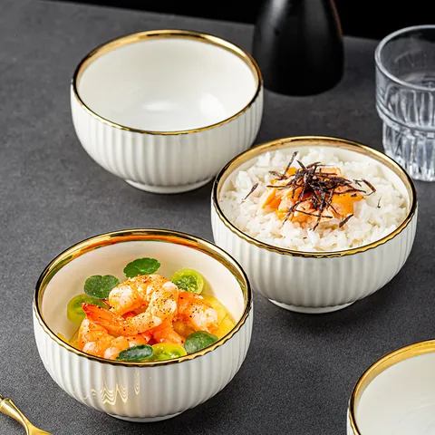 Modern White Ceramic Bowl With Gold Rim Vertical Stripe Fluted Texture Porcelain Rice Soup Salad Bowl For Home Kitchen Tableware