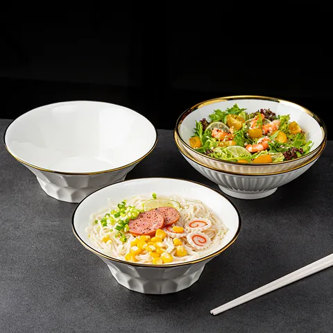 Grand Bol à Ramen Japonais Bol à Soupe en Céramique Blanc Avec Bord Doré Saladier Texturé Forme Trompette Bol à Petit Déjeuner Vaisselle Cuisine