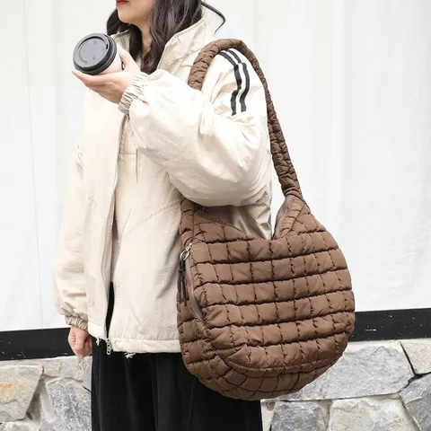 Women Padded Quilted Nylon Shoulder Bag Large Capacity Pleated Hobo Puffer Tote Handbag Lightweight Daily Crossbody Bag