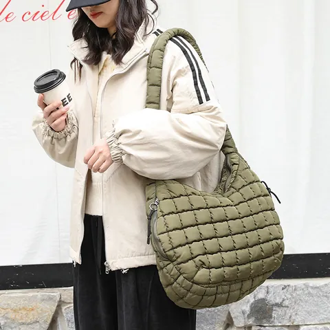 Women Padded Quilted Nylon Shoulder Bag Large Capacity Pleated Hobo Puffer Tote Handbag Lightweight Daily Crossbody Bag