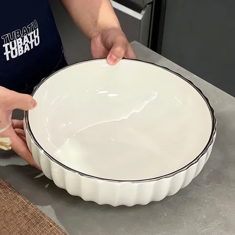 Bol à Soupe en Céramique Minimaliste Grande Capacité Blanc Bol à Nouilles en Porcelaine Cannelé Avec Bord Argenté