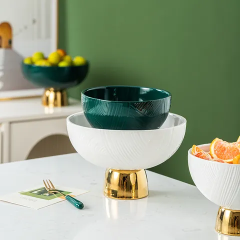 Nordic Light Luxury Ceramic High Footed Fruit Bowl Textured Volleyball Pattern Candy Snack Plate Decorative Golden Metal Base