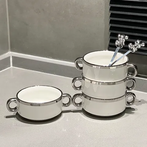 Modern Ceramic Bowl Silver Edge Double Ears Bird's Nest Dessert Bowl Porcelain Breakfast Porridge Bowl Soup Bowl Household Tableware