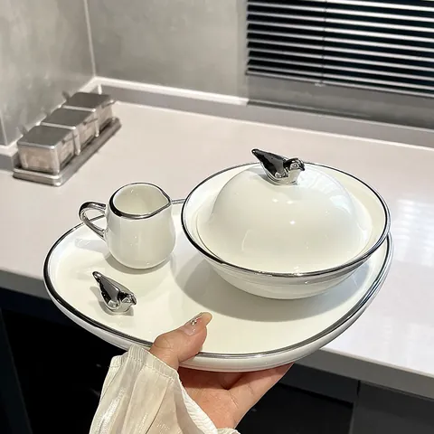Bol à Dessert Moderne en Céramique Avec Couvercle Blanc Bord Argenté Décor Oiseau Bol à Soupe Vaisselle Service de Table