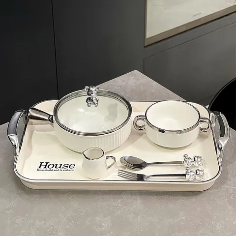 Collection de Vaisselle Moderne en Céramique Ensemble Blanc Crème Avec Poignée Ours Argent 3D Bol Assiette Plateau
