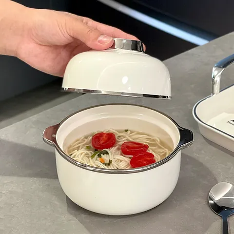 Ceramic Noodle Bowl Set With Lid And Silver Trim Porcelain Soup Bowl Dessert Stew Bowl For Women Girls Kitchen Tableware