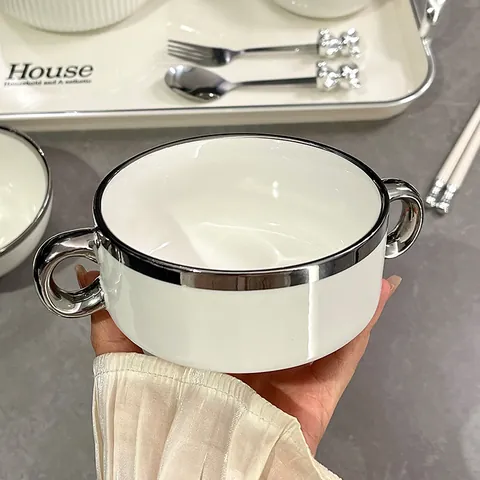 Modern Ceramic Bowl Silver Edge Double Ears Bird's Nest Dessert Bowl Porcelain Breakfast Porridge Bowl Soup Bowl Household Tableware