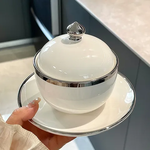 Moderner Keramik Schmortopf Mit Deckel Silberrand Weiß Porzellan Suppenschüssel Für Vogelnest Dessert Einzelportion Suppentasse