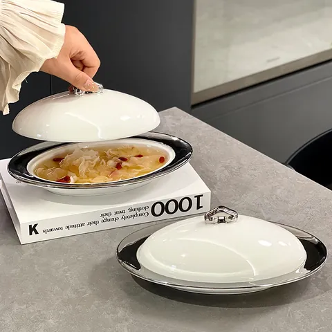 Service de Plats à Poisson en Céramique Blanche Moderne Avec Couvercle et Base Chauffante Bordure Argentée Vaisselle Porcelaine