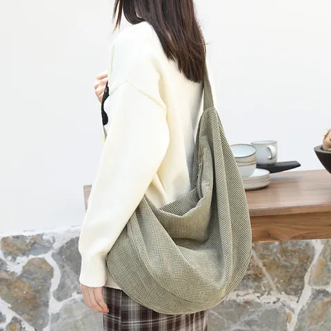 Large Capacity Japanese Casual Corduroy Dumpling Bag For Women Solid Color Retro Hobo Crossbody Shoulder Bag Daily Use