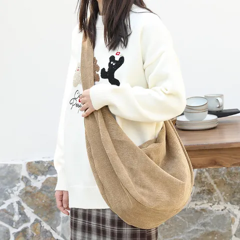 Large Capacity Japanese Casual Corduroy Dumpling Bag For Women Solid Color Retro Hobo Crossbody Shoulder Bag Daily Use