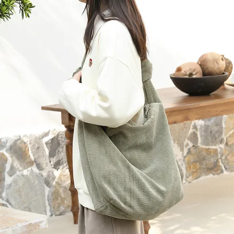 Korean Style Corduroy Crossbody Bag For Women Large Capacity Knot Shoulder Bag Vintage Minimalist Tote Bag Casual Commuter Bag
